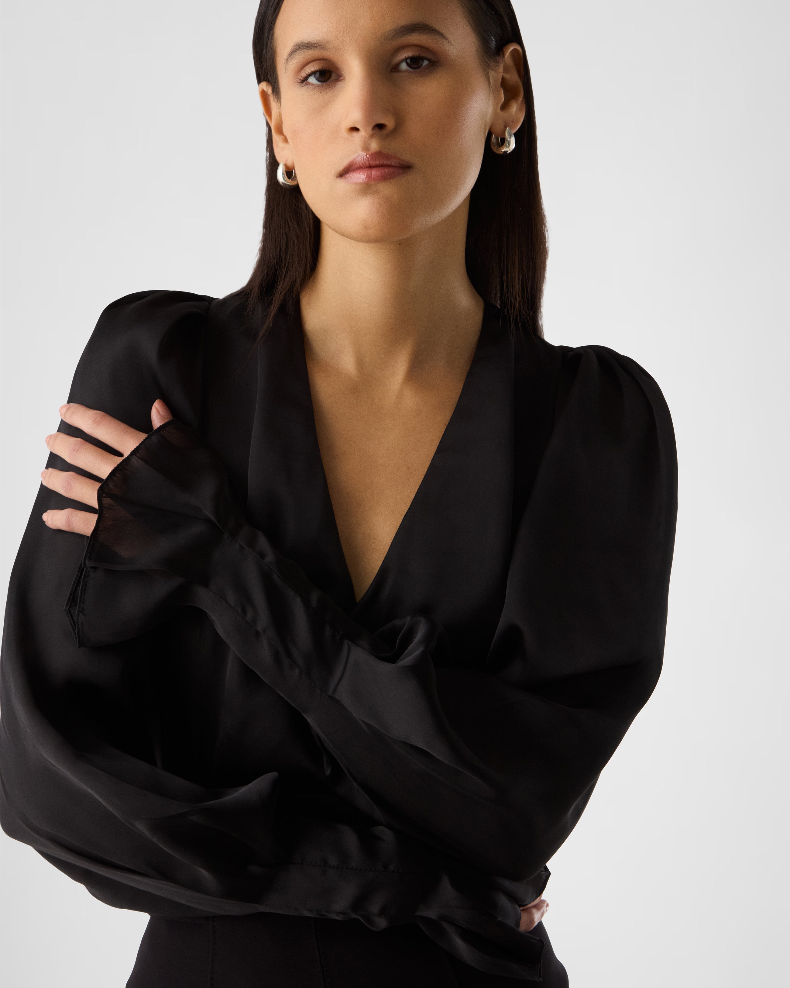 Halley v-neck blouse with draped puff sleeves